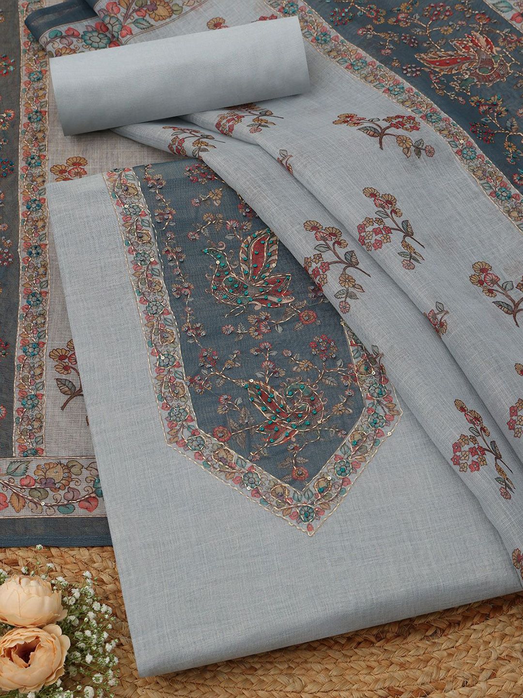 Soch Floral Printed Linen Beads And Stones Unstitched Dress Material-image-29