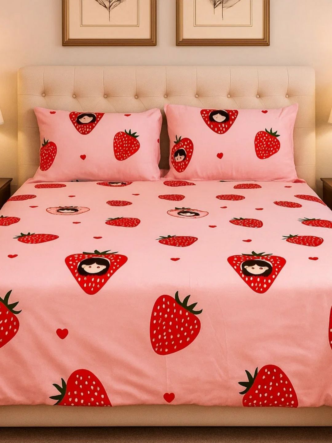 Famyo Pink & Red Printed Microfiber 300 TC Double Bedding Set-image-21