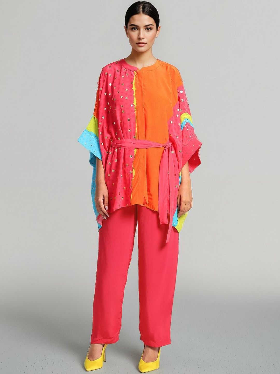 Satya Paul Colourblocked Mandarin Collar Batwing Sleeve Crepe Kaftan Top-picture-24