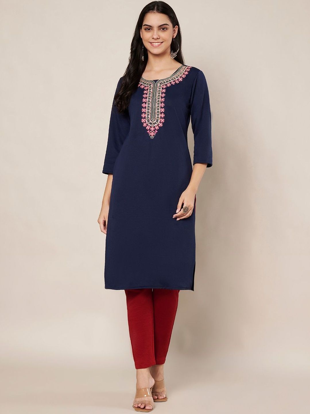 Trend Level Women Embroidered Straight Woollen Kurta-picture-10