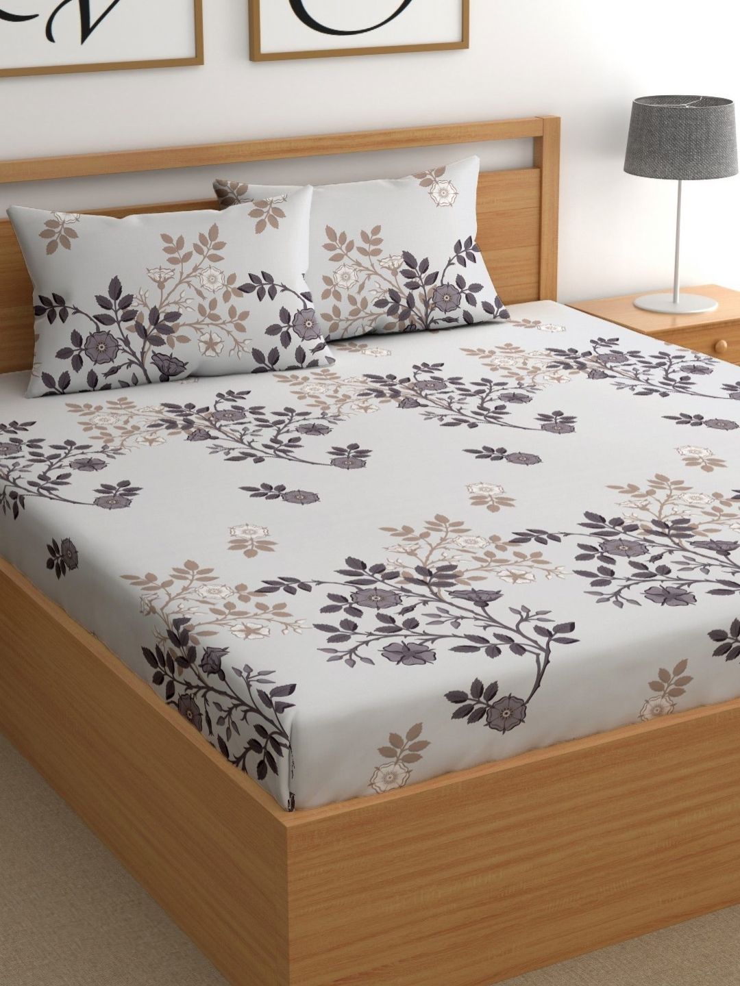 CHHAVI INDIA Grey Floral 210 TC Bedsheet Set 2.50 m X 2.25 m-picture-41