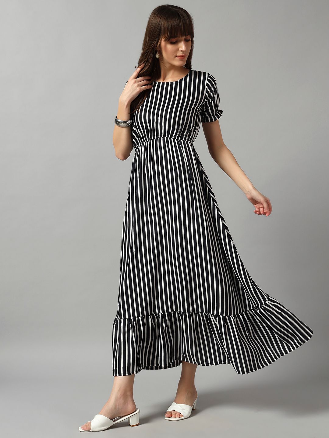 Krunal Raiyani Women Striped Monochrome Round Neck Tiered Fit & Flare Maxi Dress-picture-32
