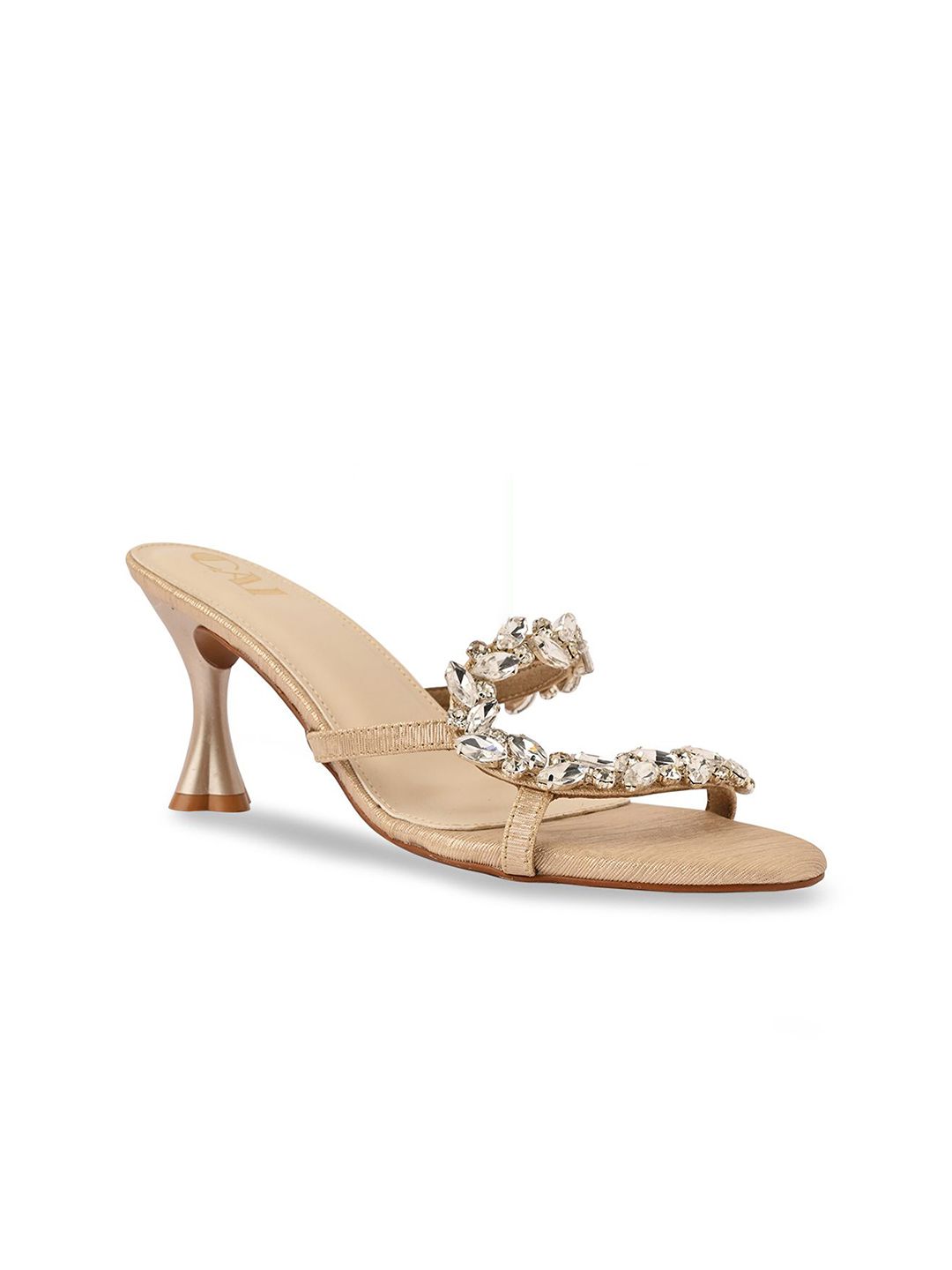 CAI Women Gold Embellished Leaf Strapped Slim Heels Sandals-image-11