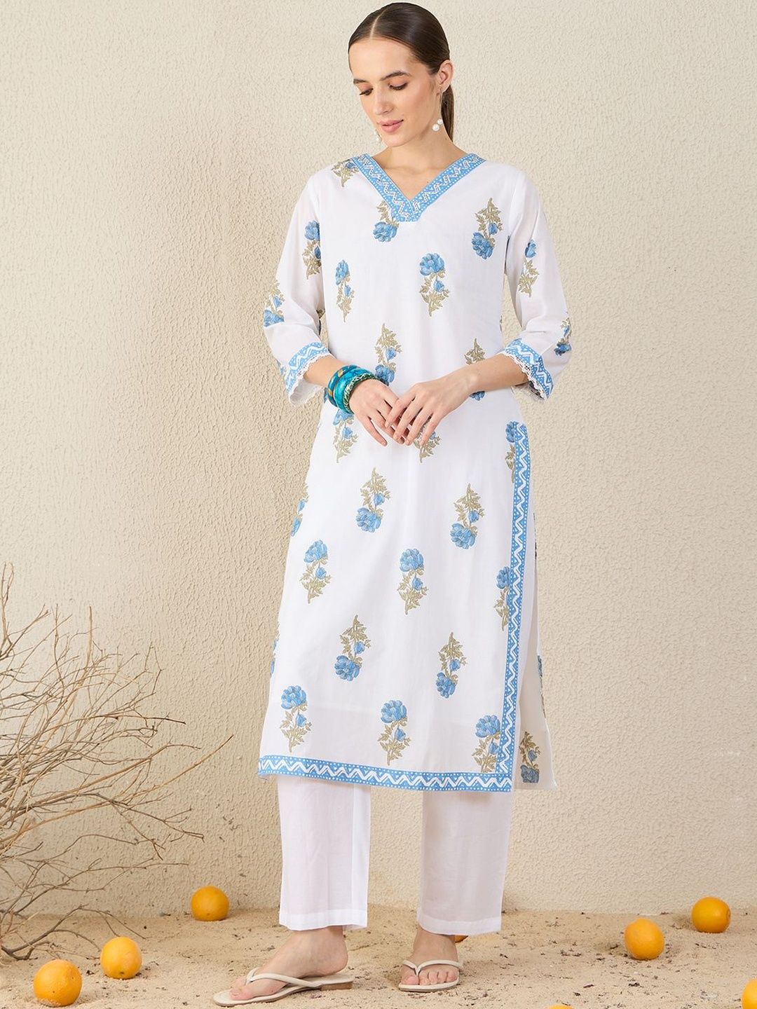 Indo Era Floral Printed V-Neck Sequinned Pure Cotton Straight Kurta & Trouser With Dupatta-picture-12