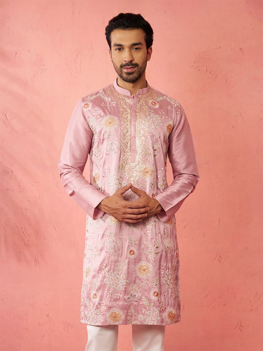 VASTRAMAY Floral Embroidered Mandarin Collar Thread Work Straight Kurta-picture-35