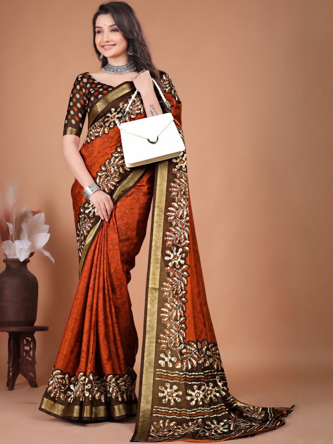 Panzora Batik Printed Zari Bagru Saree-image-2