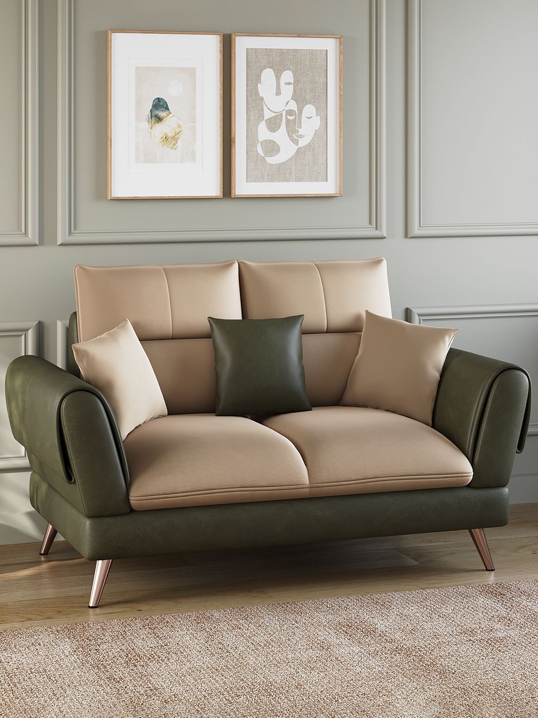 ARRA Ira Green & Beige Leatherette 2-Seater Designer Sofa