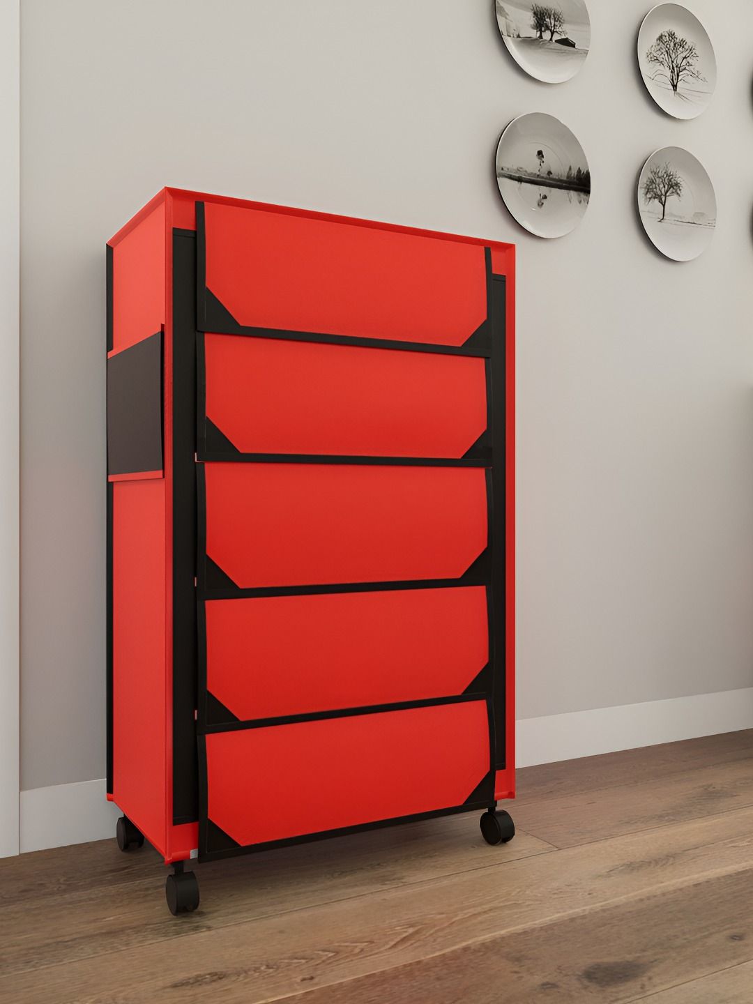 Fabura Red & Black 5-Layers Shoe Rack With Wheels