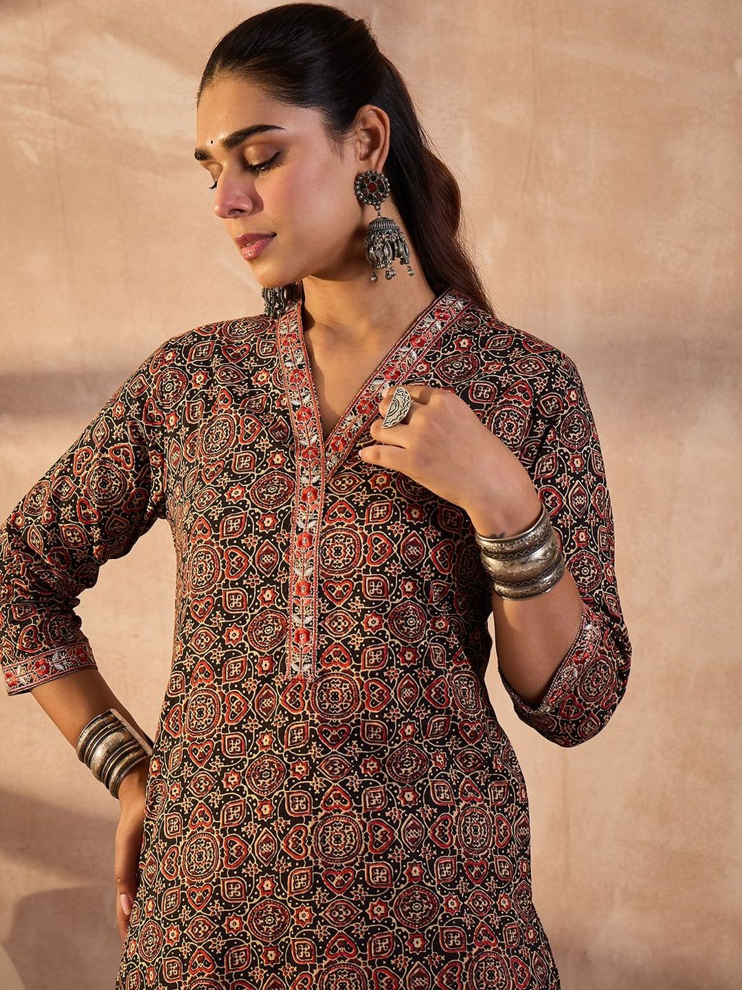 Indo Era Women Ethnic Motifs Printed Regular Thread Work Pure Cotton Kurta With Trousers-picture-13