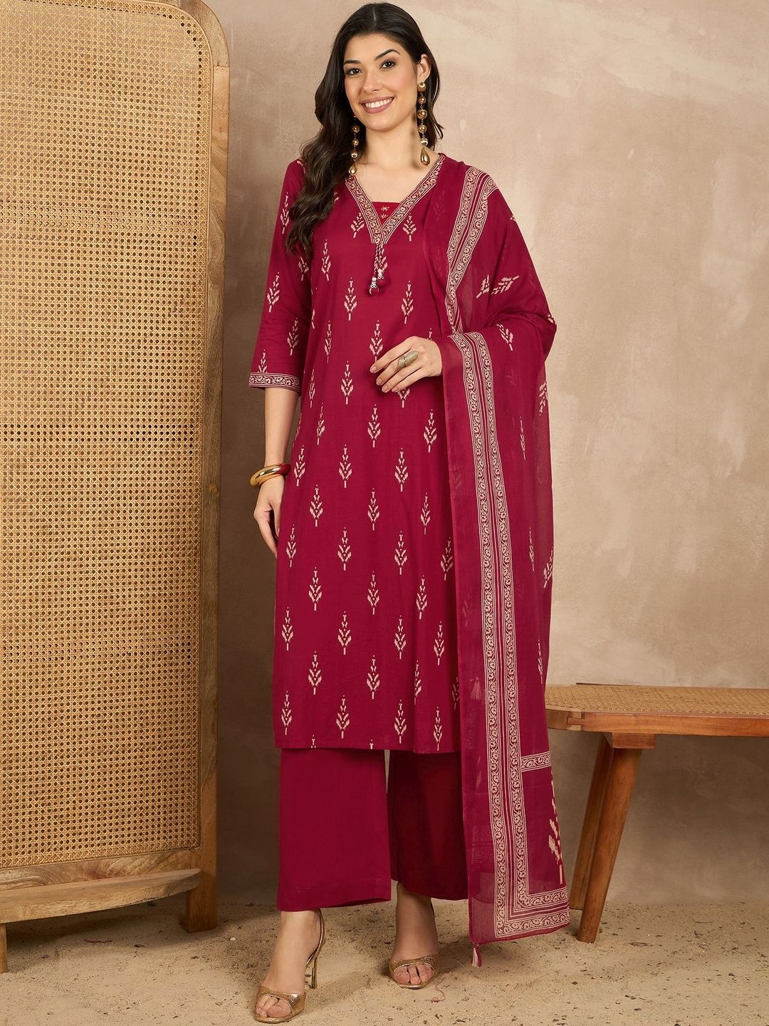CHETI Women Floral Printed Mirror Work Pure Cotton Kurta with Trouser & Dupatta-picture-37