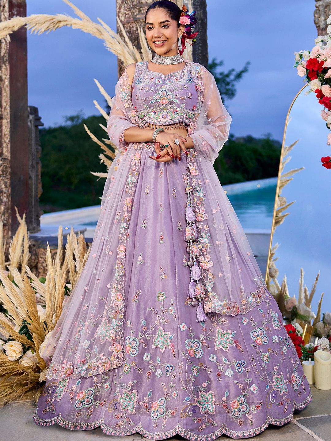panchhi Lavender Satin Silk Embroidered Sequinned Ready To Wear Lehenga Choli With Dupatta