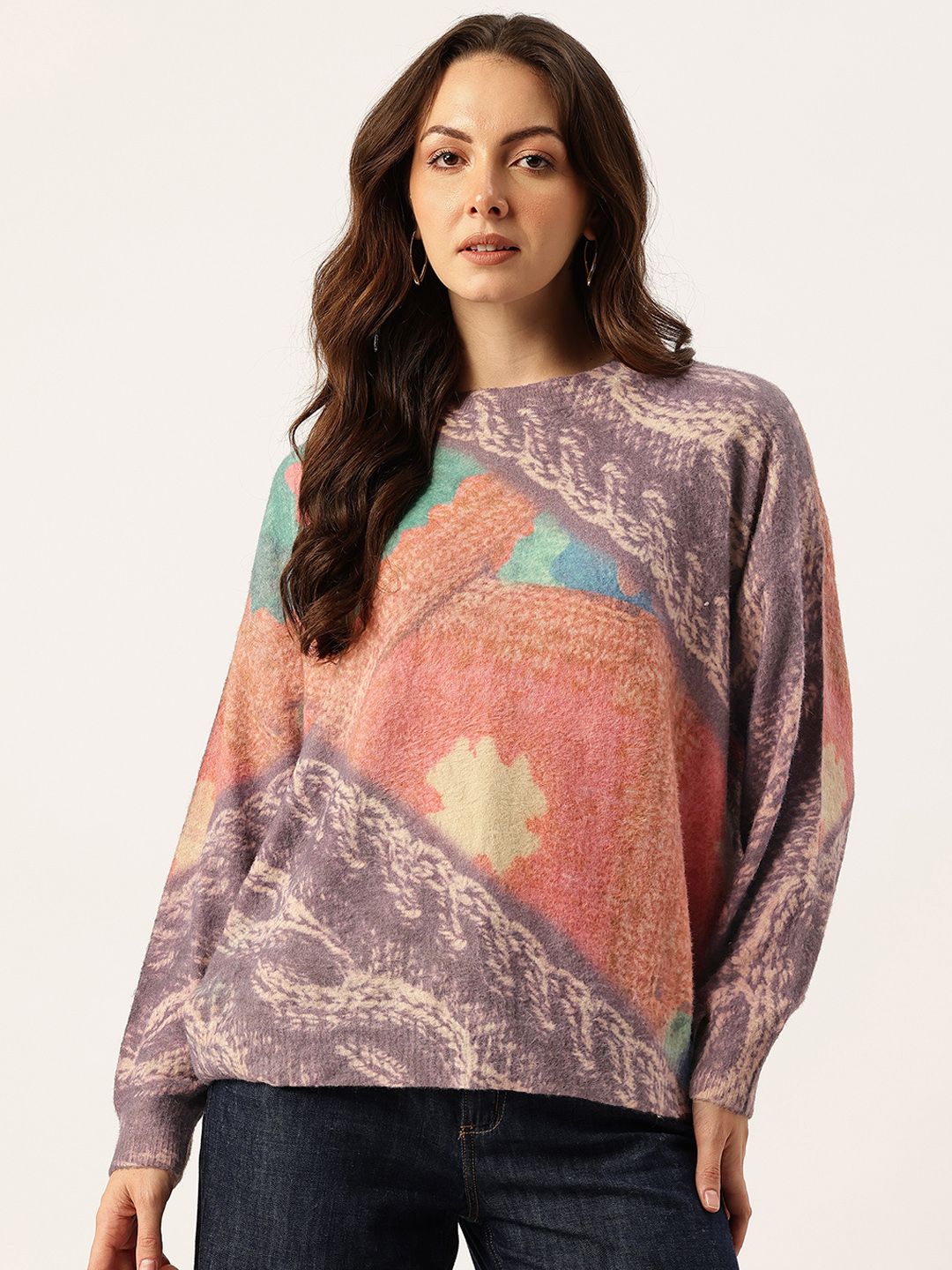 APSLEY Abstract Self-Design Extended Sleeves Fuzzy Pullover-picture-35