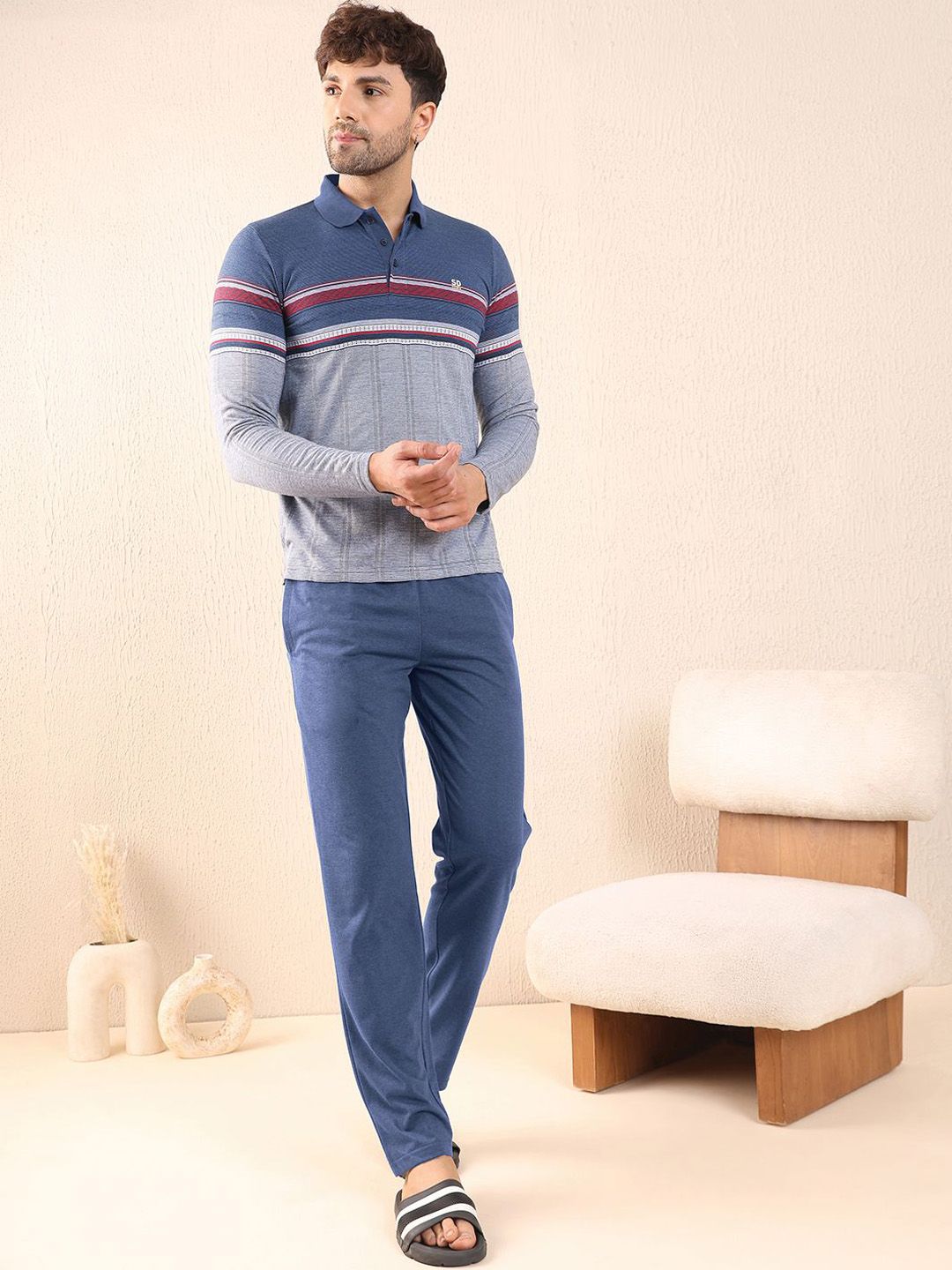 Sweet Dreams Men Striped Shirt Collar Night suit-picture-42