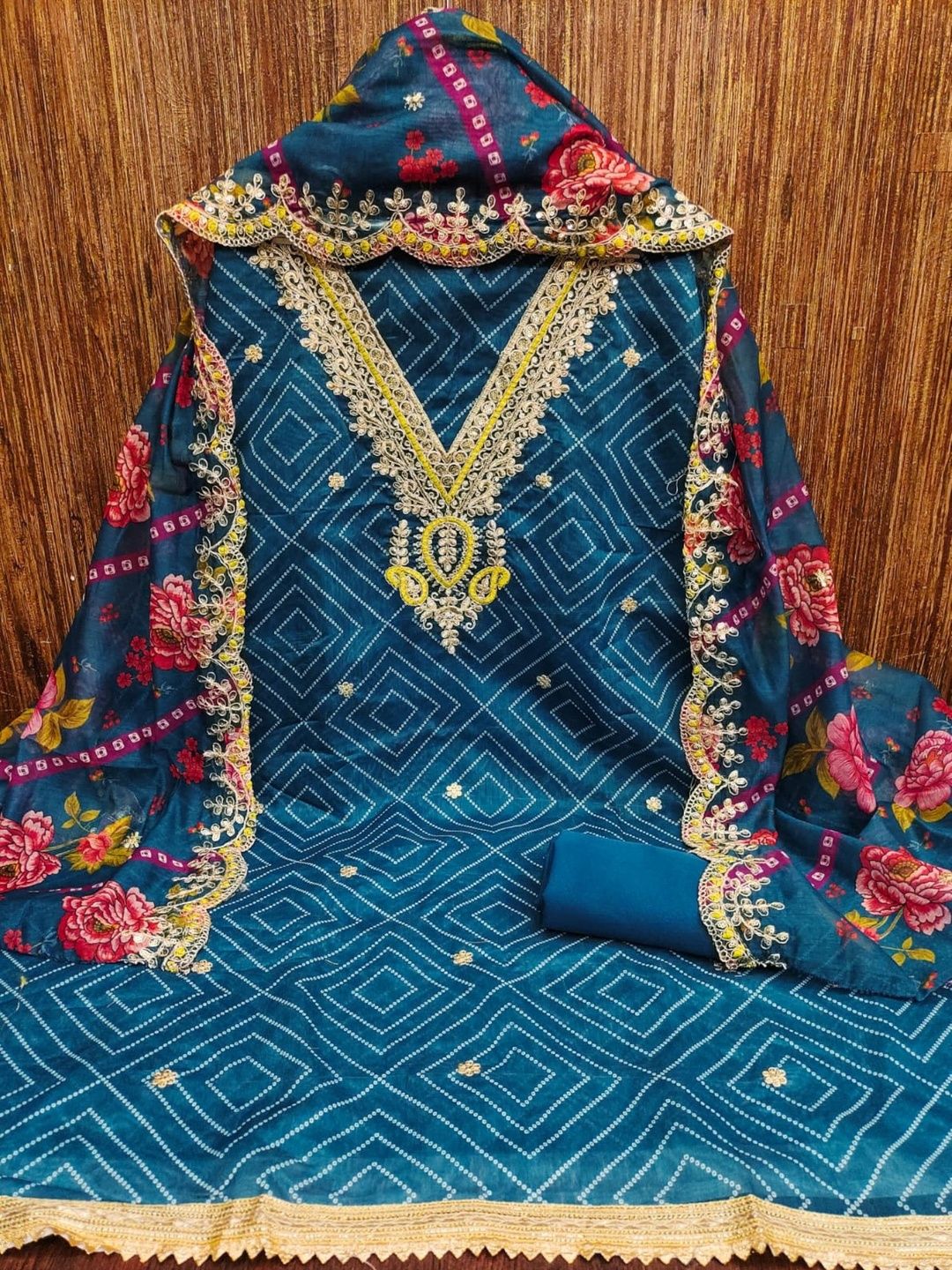 KALINI Women Chanderi Cotton Blend Bandhani Print Embroidered Unstitched Dress Material-picture-25