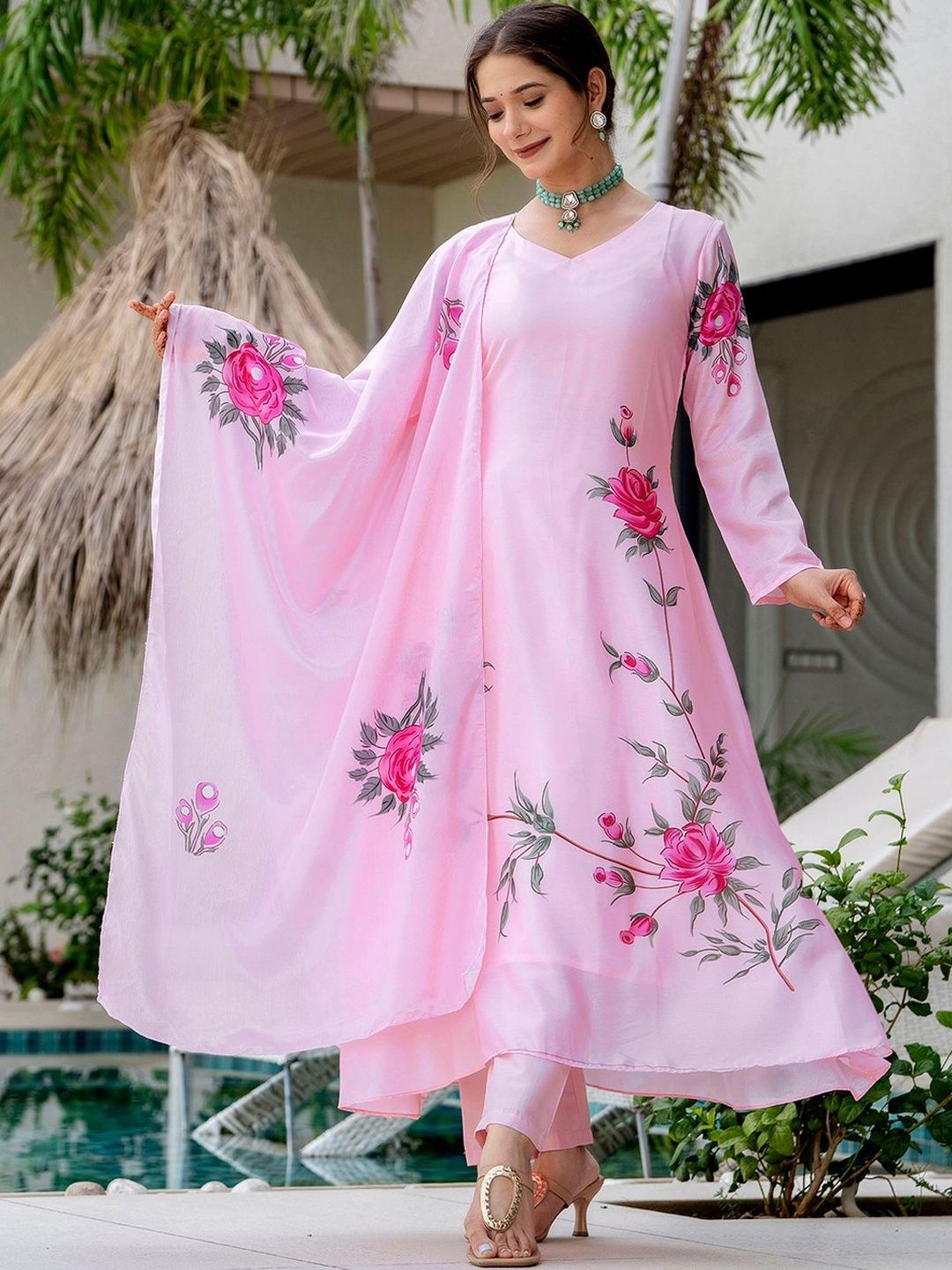 Brand Hill Women Floral Printed Regular Silk Chiffon A-Line Kurta with Trousers & Dupatta-picture-24