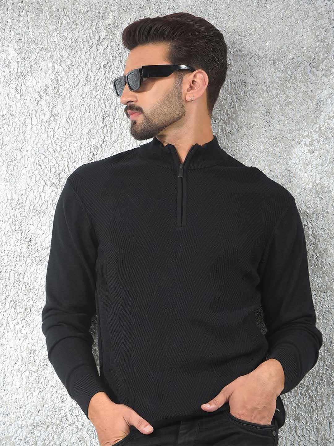 Crimsoune Club Men Solid Self Design Long Sleeves Mock Collar Pullover Sweater-picture-29