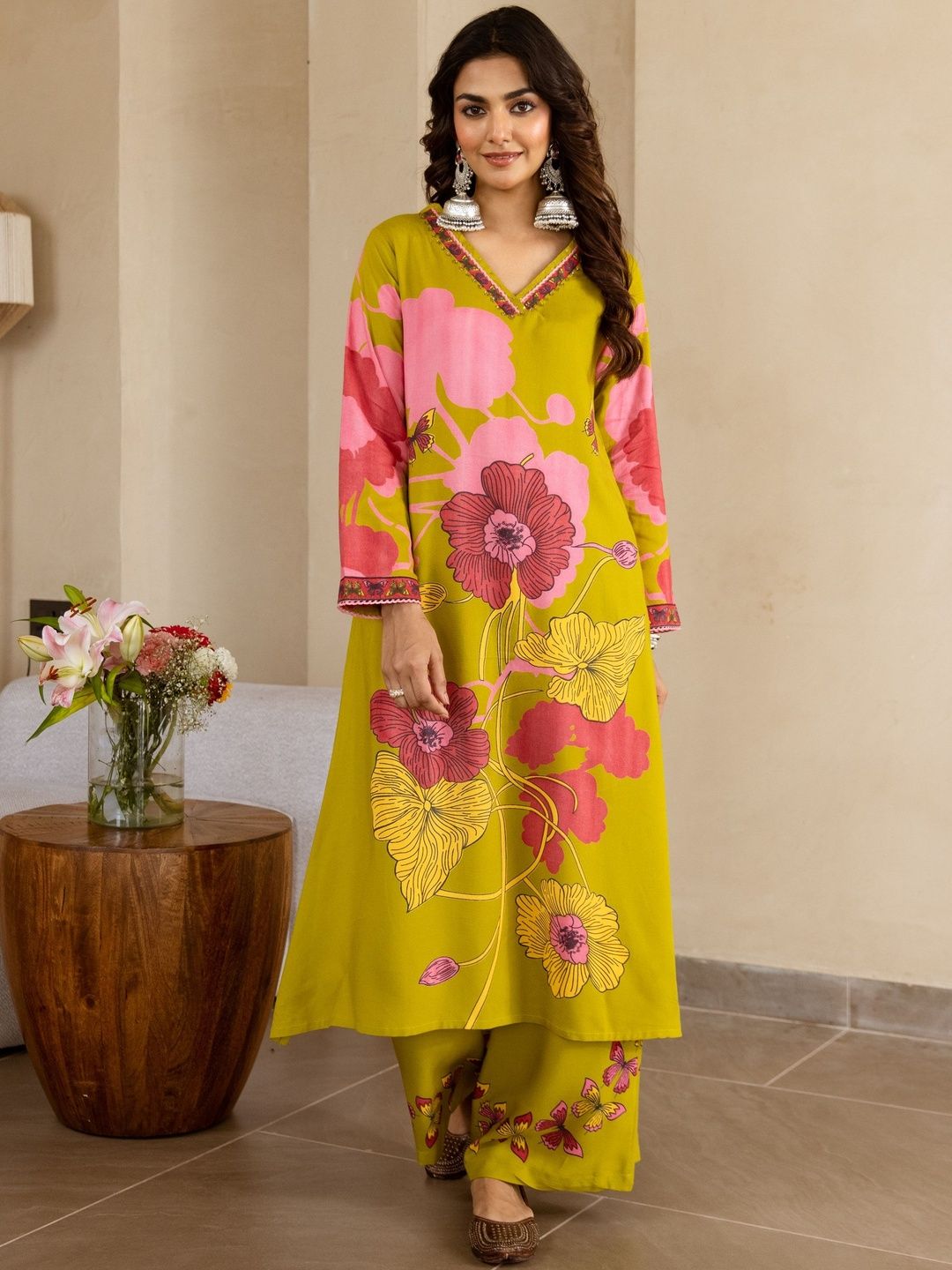 Nehamta Floral Printed V-Neck Sequinned A-Line Kurta With Palazzos-picture-11