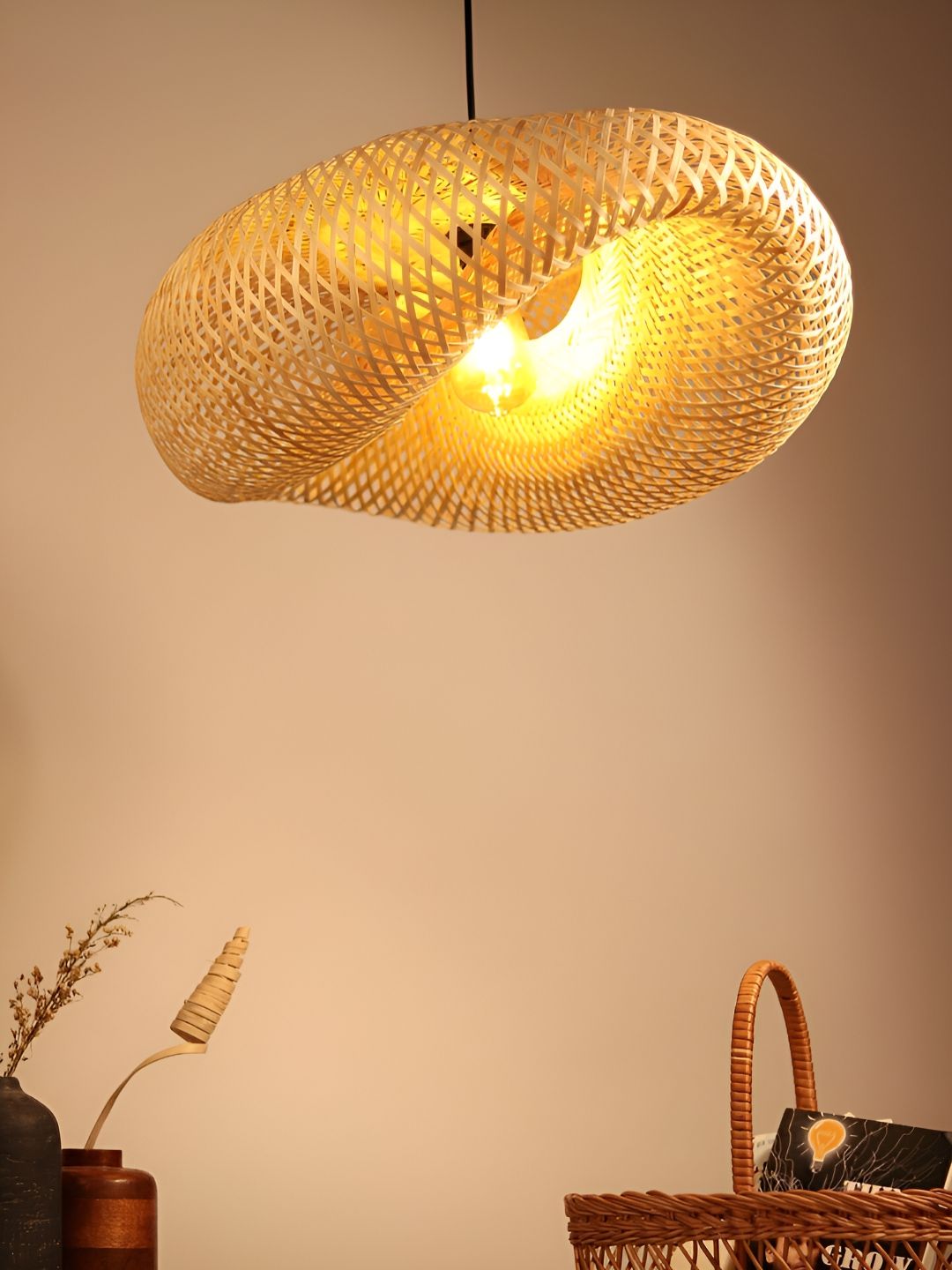 HABERE INDIA Beige Textured Contemporary Wood Ceiling Lamp-image-20