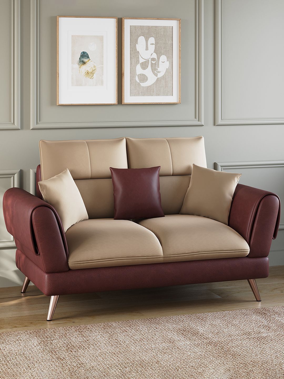ARRA Ira Tan Brown & Beige Leatherette 2-Seater Designer Sofa