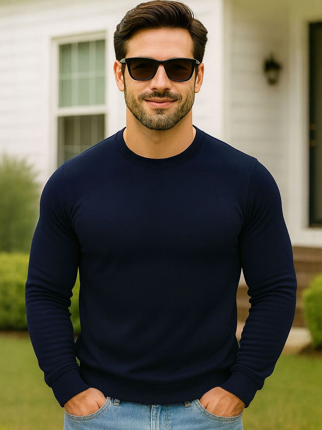 SZN Men Navy Blue Solid Round Neck Cotton Regular Fit Sweatshirt-image-12