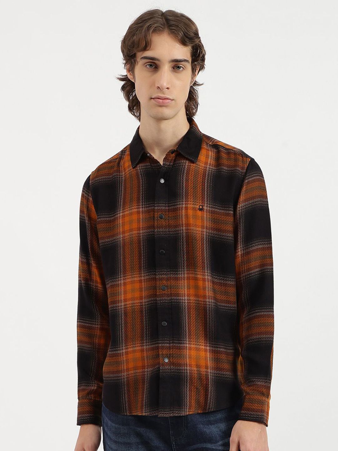 United Colors of Benetton Men Buffalo Checked Spread Collar Casual Regular Fit Shirt-picture-36