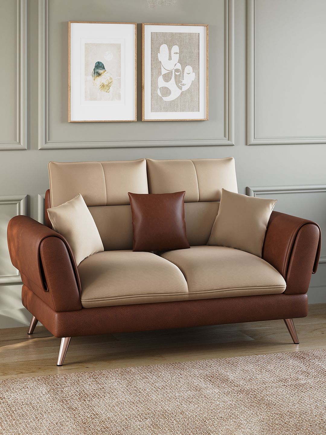 ARRA Ira Brown & Beige Leatherette 2-Seater Designer Sofa
