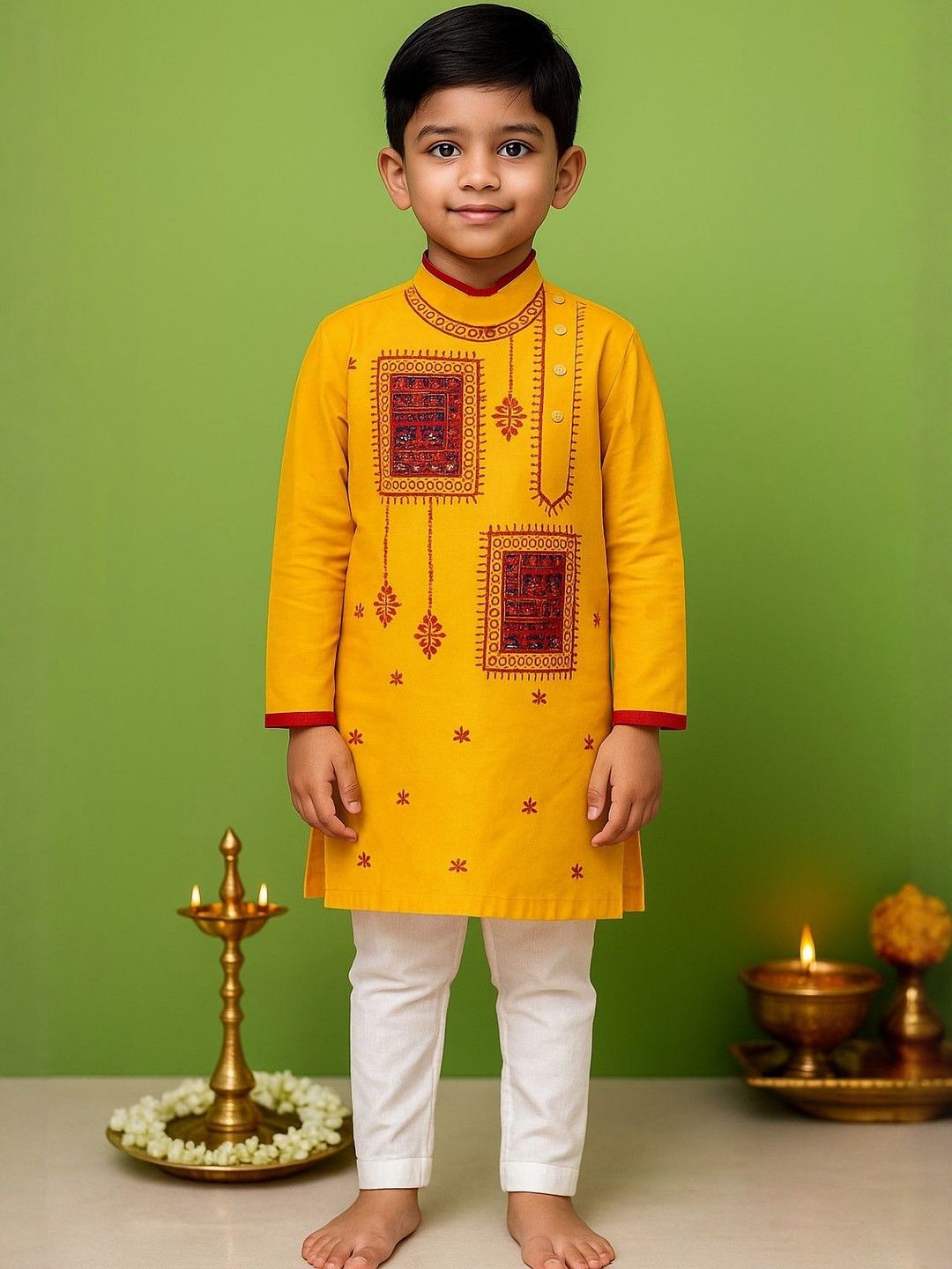 BAESD Boys Ethnic Motifs Embroidered Regular Pure Cotton Knee Length Straight Kurta Set-image-12