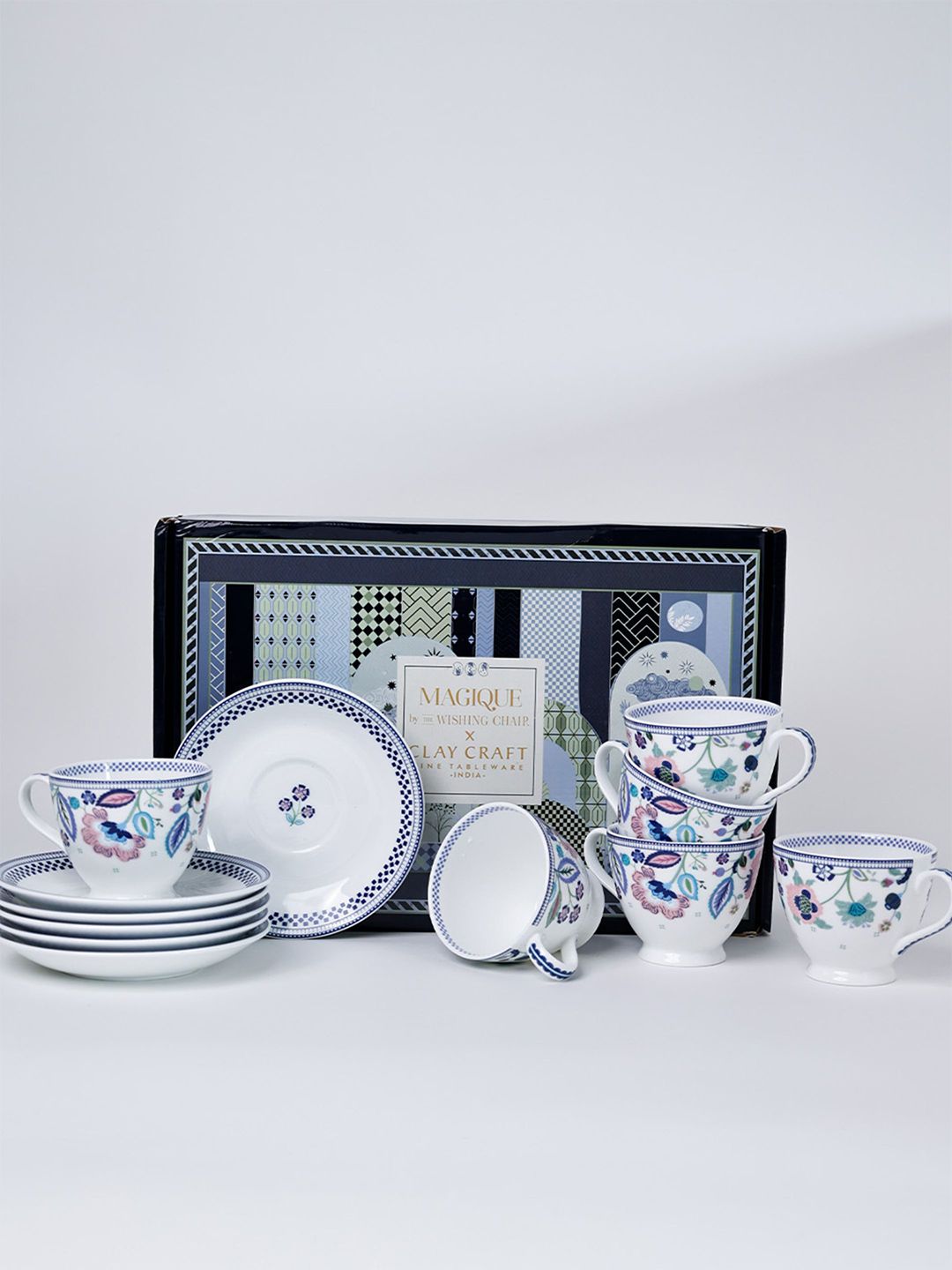 CLAY CRAFT White & Blue 12 Pieces Printed Ceramic Glossy Ceramic Cup & Saucer-picture-15