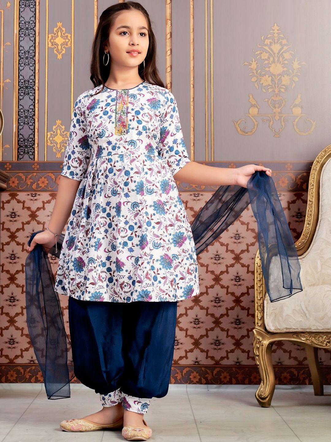 BAESD Girls Printed Round Neck Beads & Stones A-Line Kurta With Patiala & Dupatta-picture-42