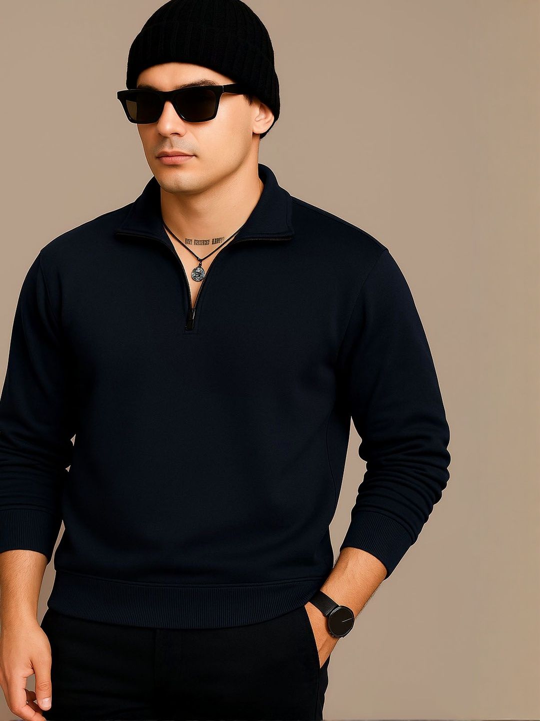 SZN Men Navy Blue Solid Zipped Sweatshirt-picture-24