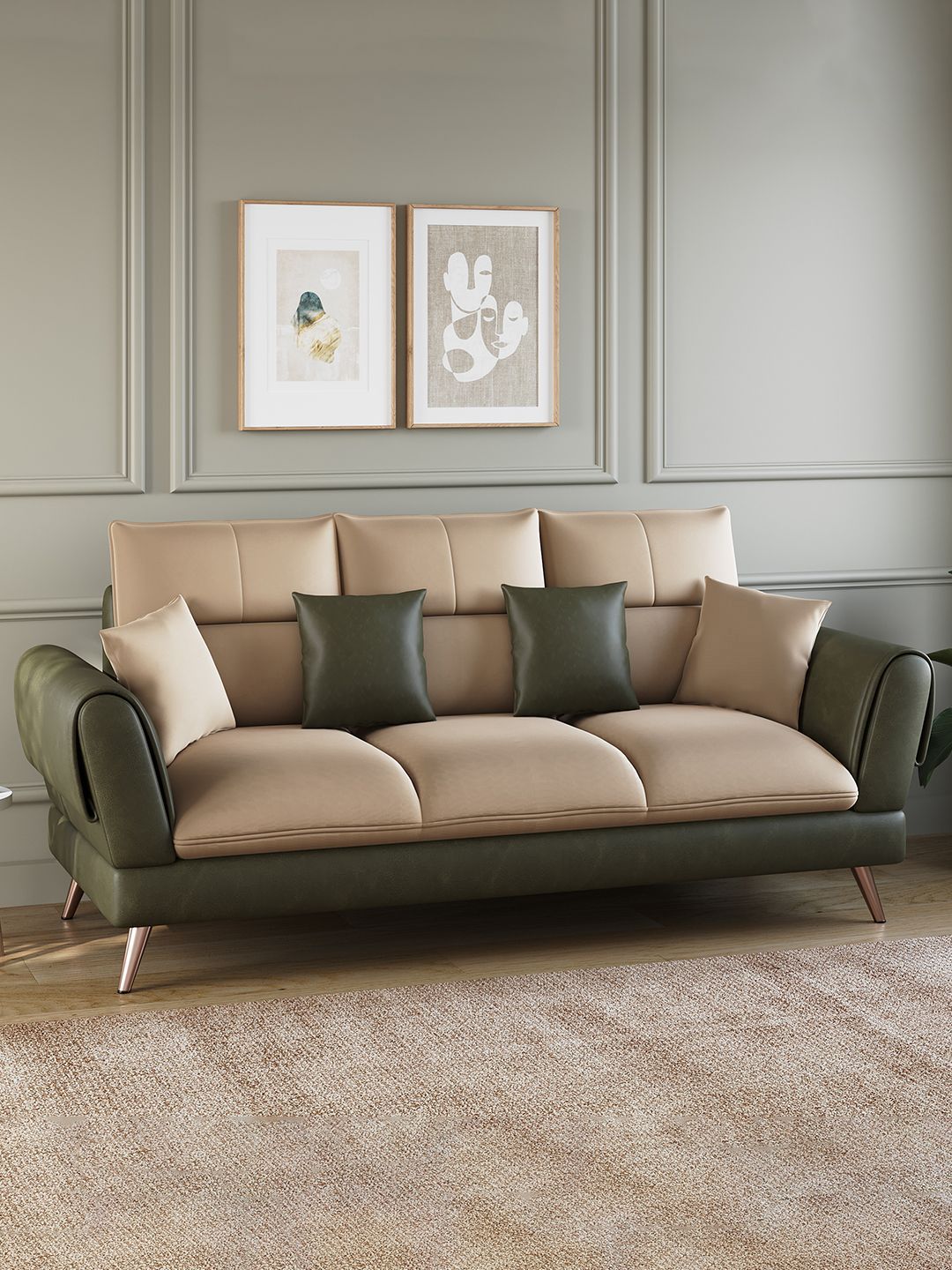 ARRA Green & Beige 3 Seater Designer Sofa