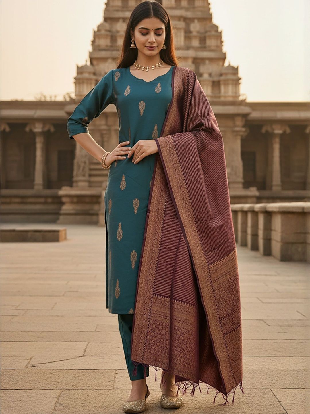 BAESD Ethnic Motifs Printed Thread Work Straight Kurta With Trousers & Dupatta-picture-12