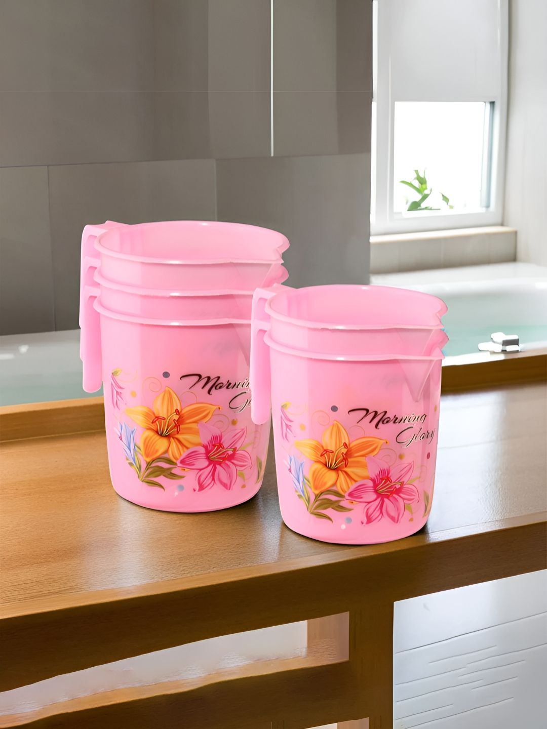 Aura Pink & Green 5 Pieces Floral Printed Bathroom Mugs-picture-53