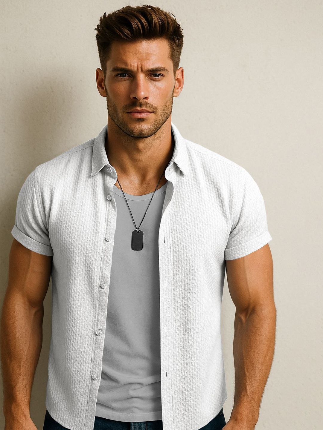 SWADESI STUFF Comfort Textured Spread Collar Shirt-picture-42
