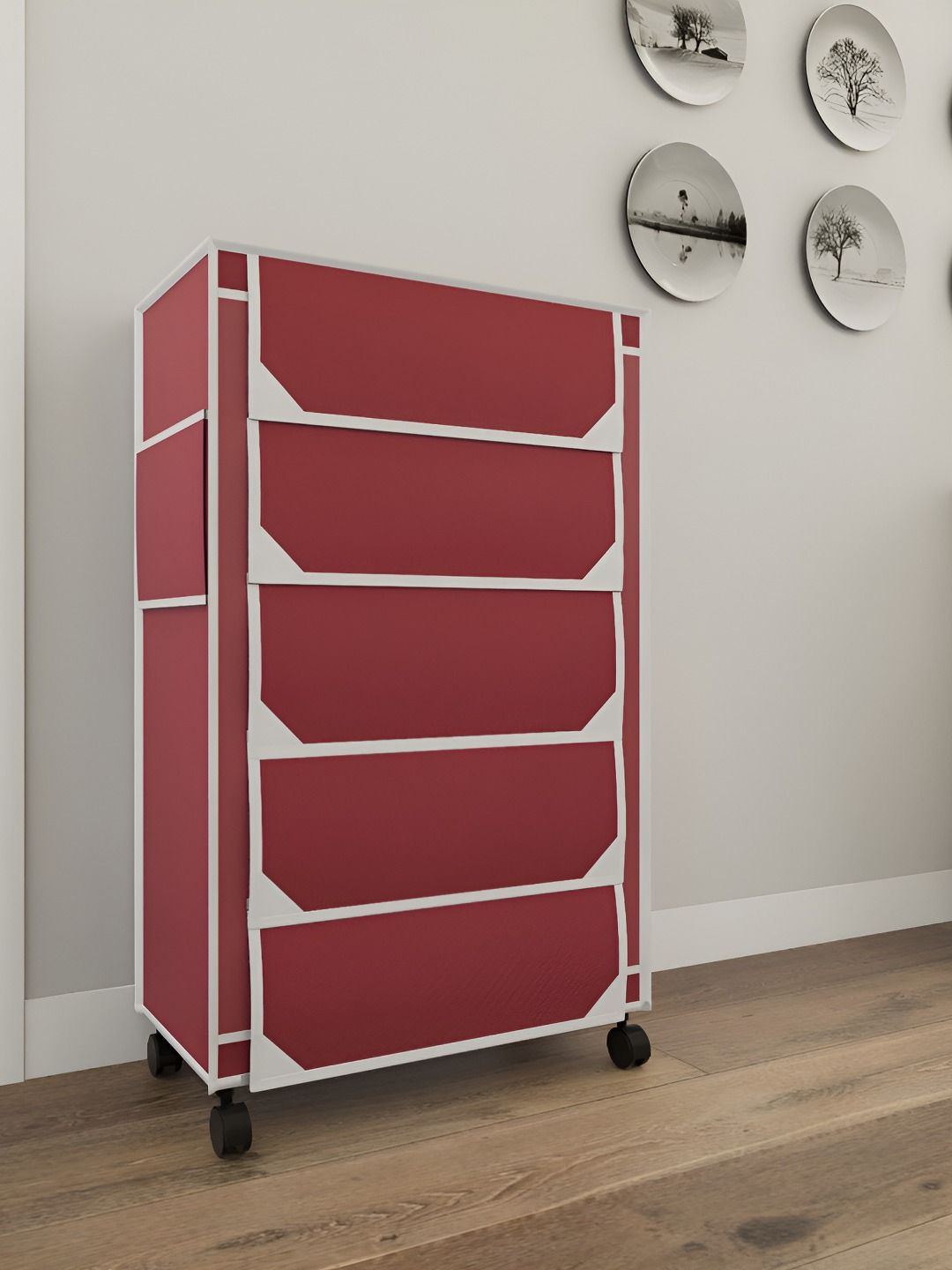 Fabura Maroon & White 5-Layers Shoe Rack With Wheels-picture-26