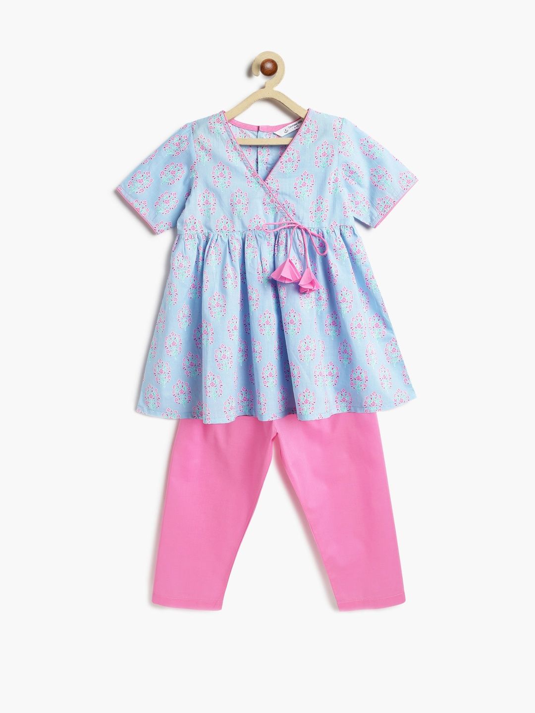 Campana Girls Floral Printed Angrakha Pure Cotton Kurta with Trousers-picture-18
