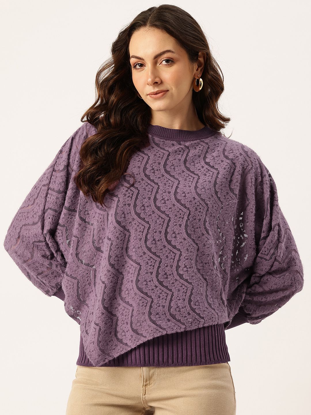 APSLEY Floral Self-Design Asymmetric Poncho-Style Lace Pullover with Inner Lining-picture-36