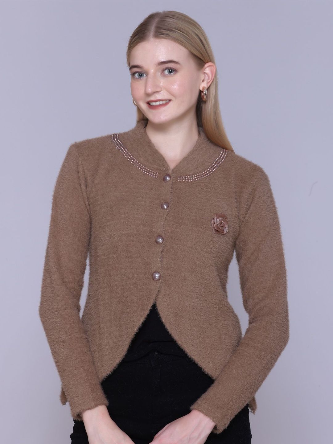 FASHSTORE Women Solid Embellished Woollen Cardigan Sweater-picture-19