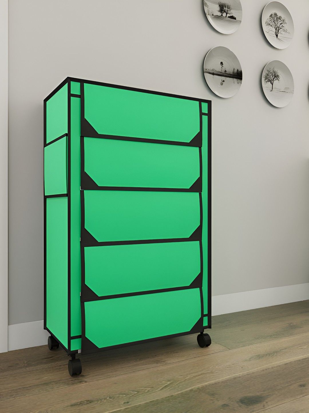Fabura Green & Black 5-Layers Shoe Rack With Wheels-image-37