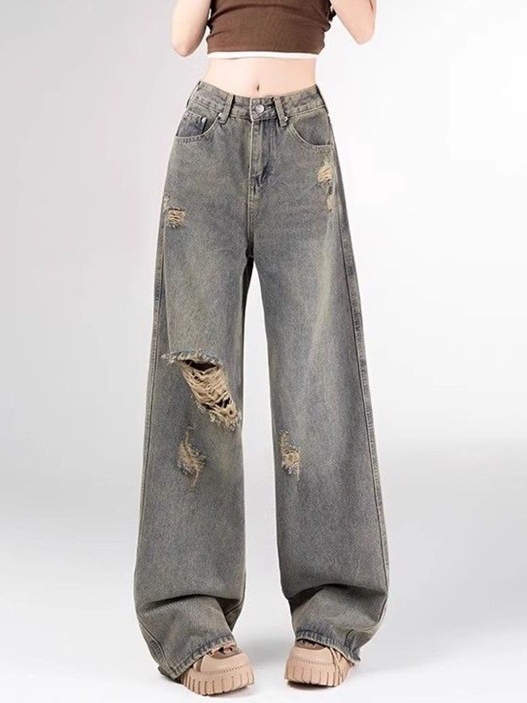 StyleCast Women Wide Leg Mid-Rise Mildly Distressed Light Fade Cotton Jeans-image-21