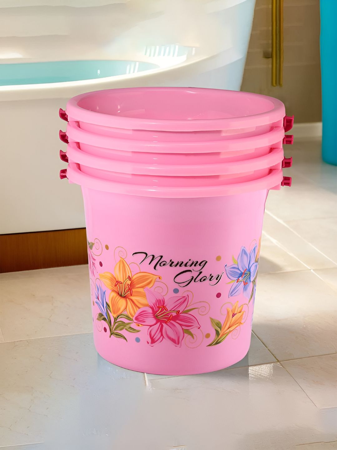 Aura Pink 4 pieces Floral Plastic Bath Accessories Set-image-29