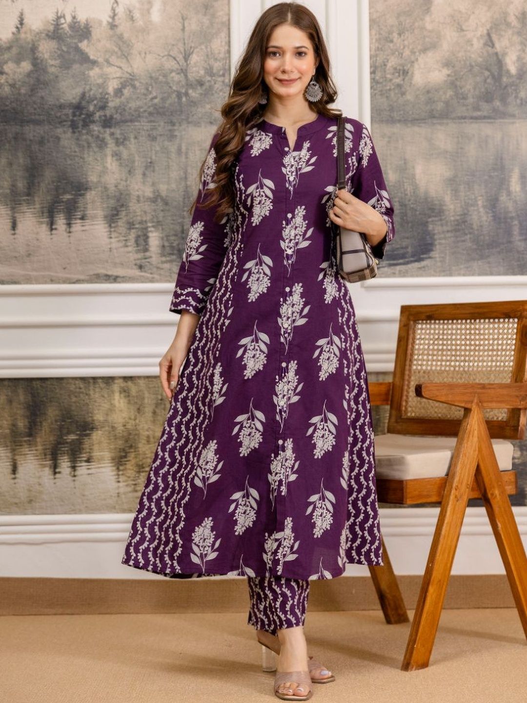 EthniFlair Women Floral Printed A-line Pure Cotton Kurta Set-image-2