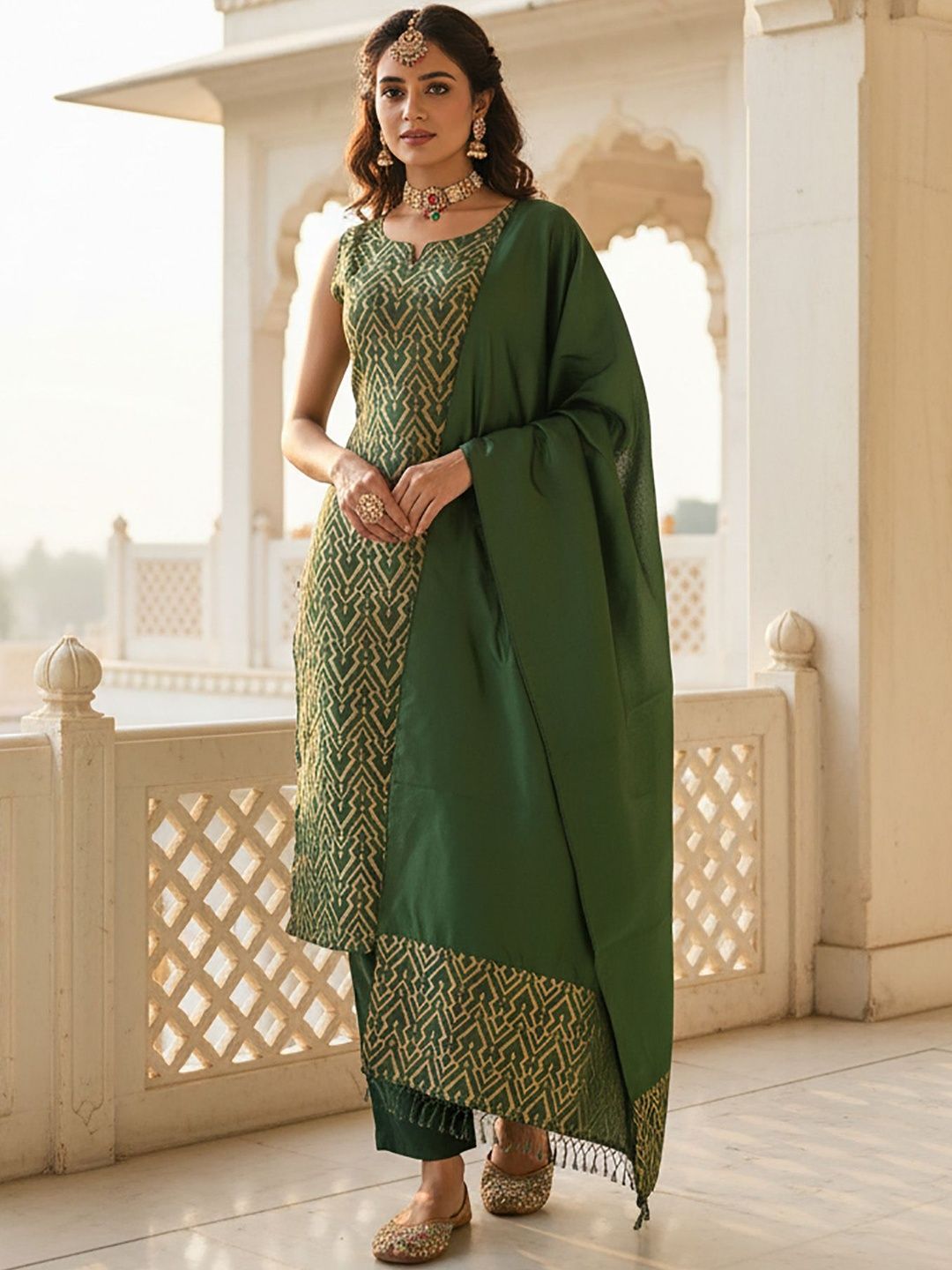 BAESD Women Geometric Woven Design Kurta with Trousers & Dupatta-picture-42