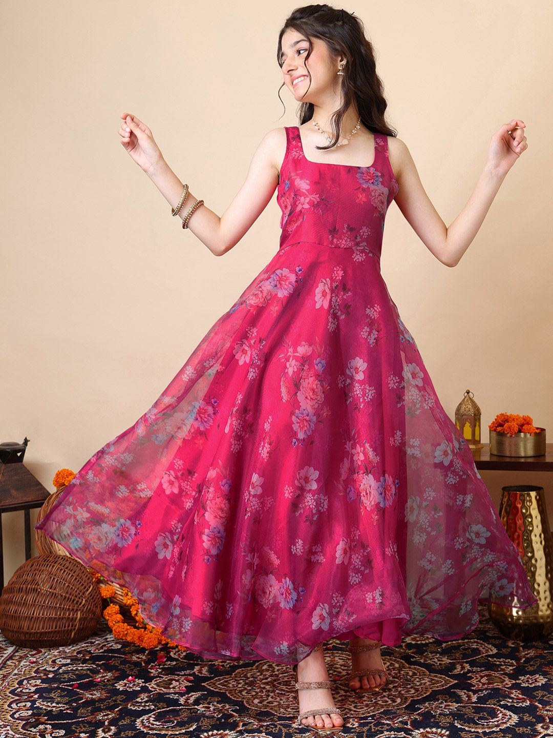 Inddus Girls Floral Printed Sleeveless A-Line Organza Maxi Ethnic Dress-picture-44