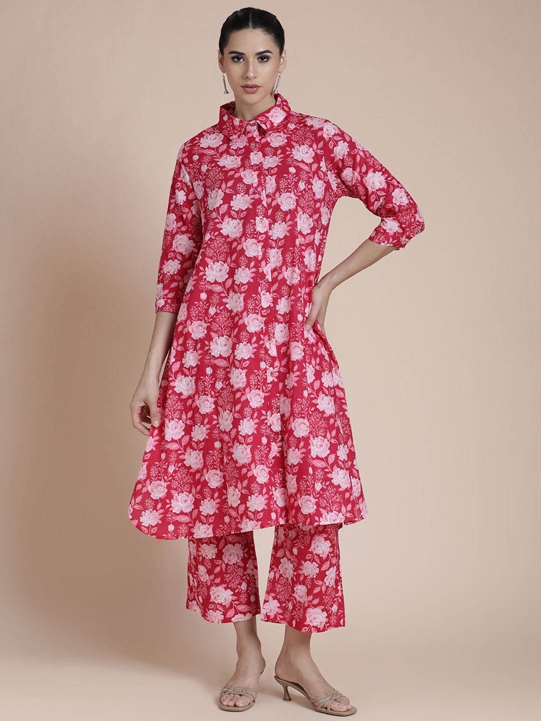 BLACK & BLAH BLAH Floral Printed Shirt Collar Pure Cotton A-Line Kurta With Trousers-picture-15