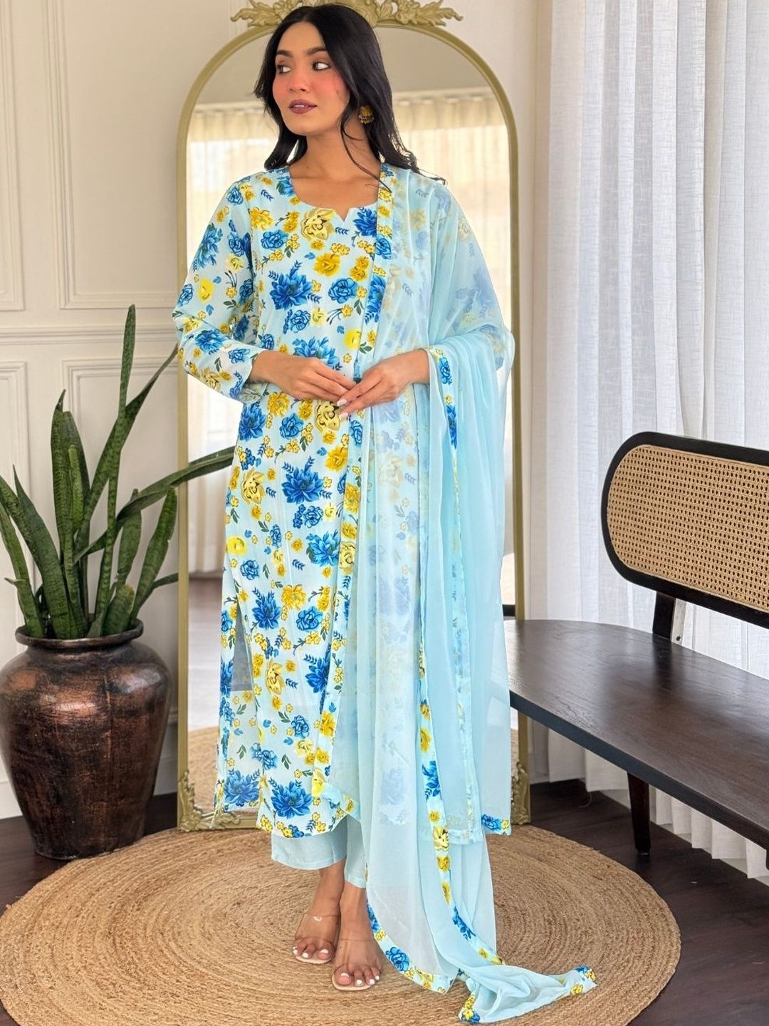 AG TEXTILE Women Floral Printed V-Neck Regular Calf Length Straight Kurta Set-image-42