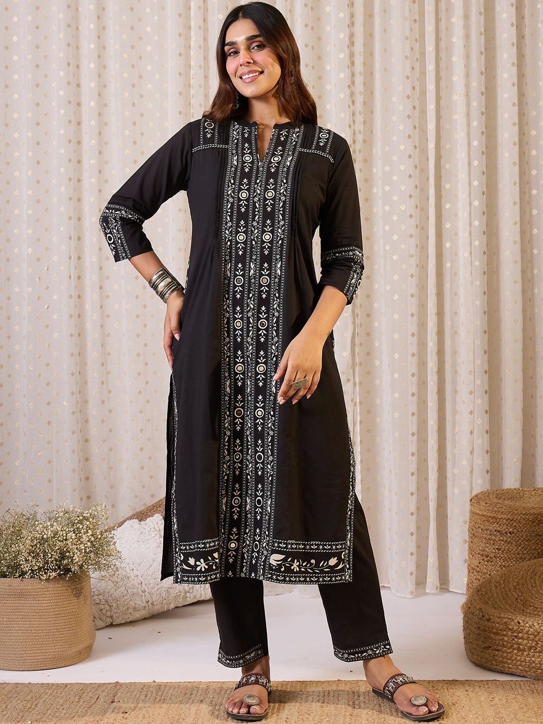 Indo Era Ethnic Motifs Printed Mandarin Collar Pure Cotton Straight Kurta & Trousers-picture-27