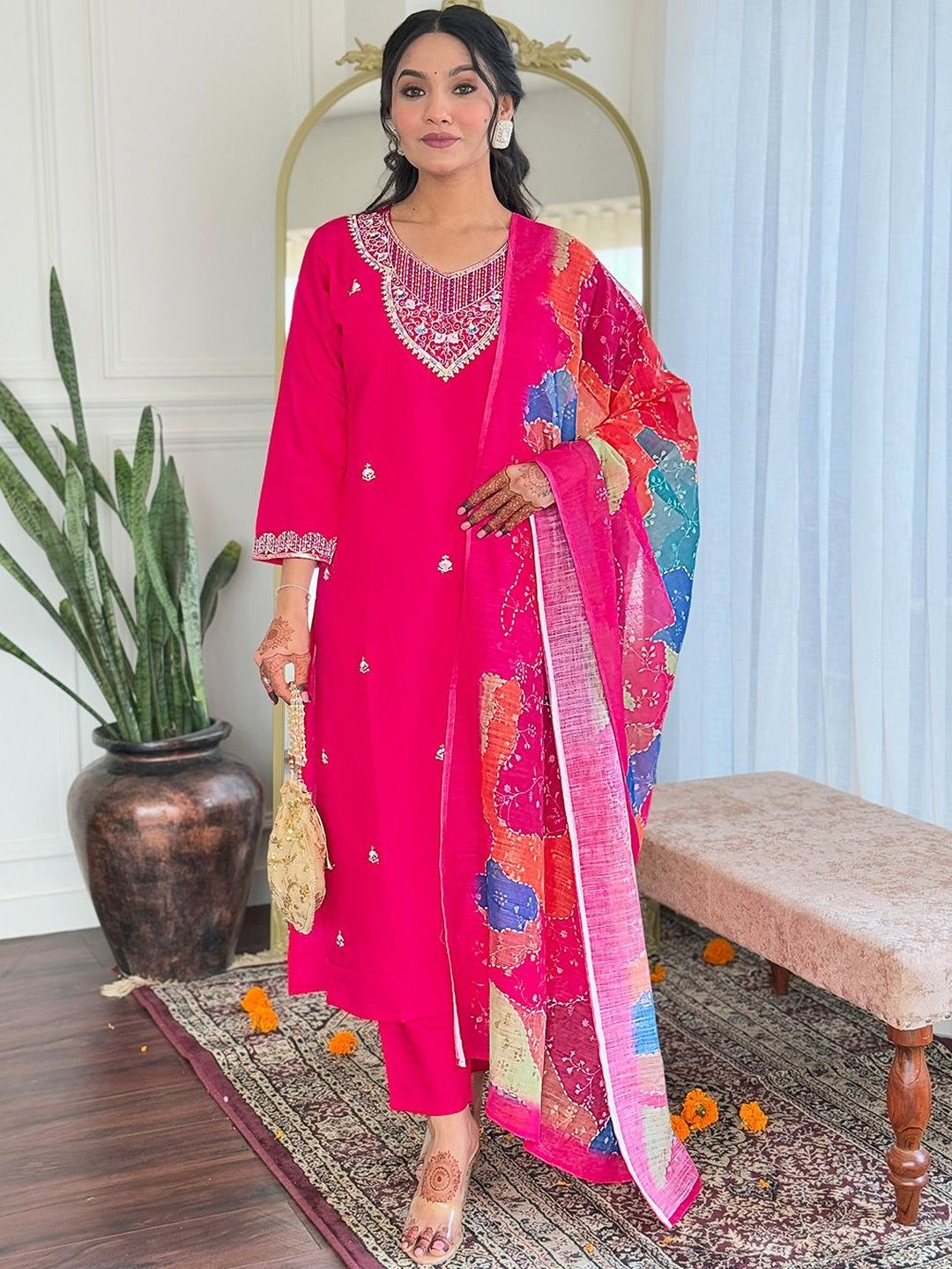 AG TEXTILE Women Ethnic Motifs Printed Regular Sequinned Chanderi Silk Kurta with Trousers & With Dupatta-image-15