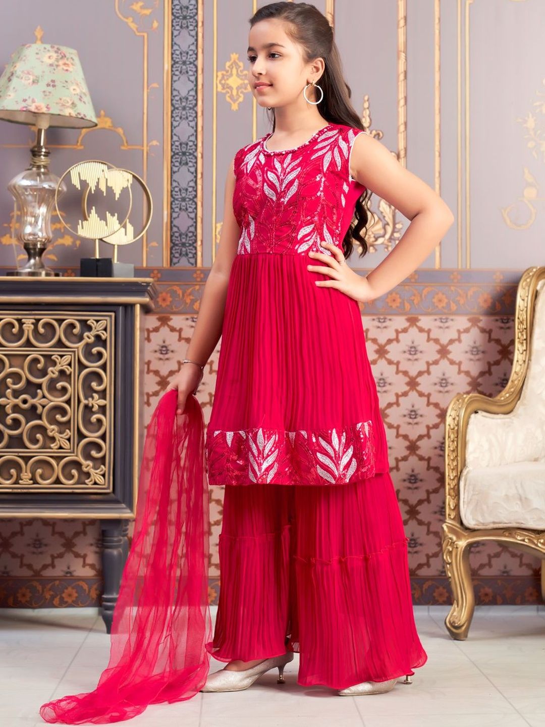 BAESD Girls Ethnic Motifs Printed A-Line Kurti with Sharara & Dupatta-picture-32