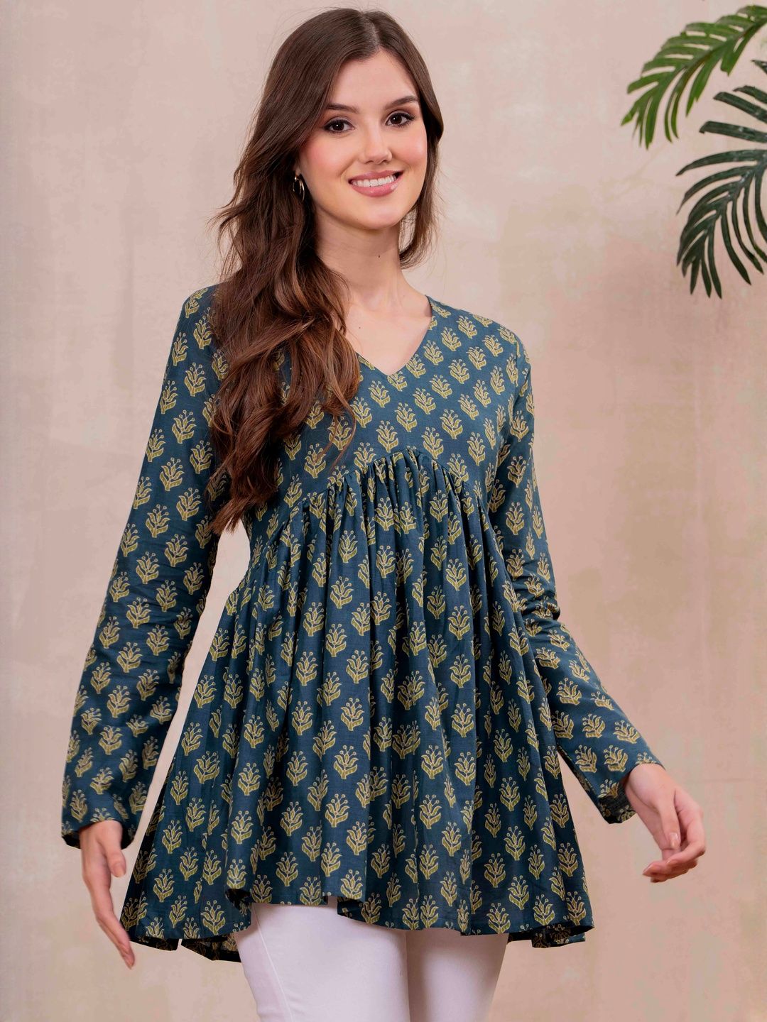 Mizaz Women Ethnic Motifs Printed Gathered or Pleated V-Neck Cotton Peplum Top-picture-10